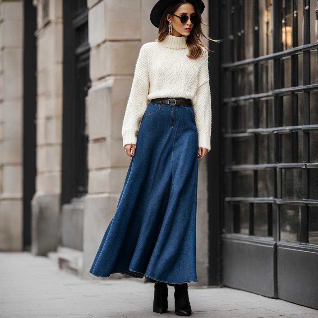 long denim skirt outfit winter