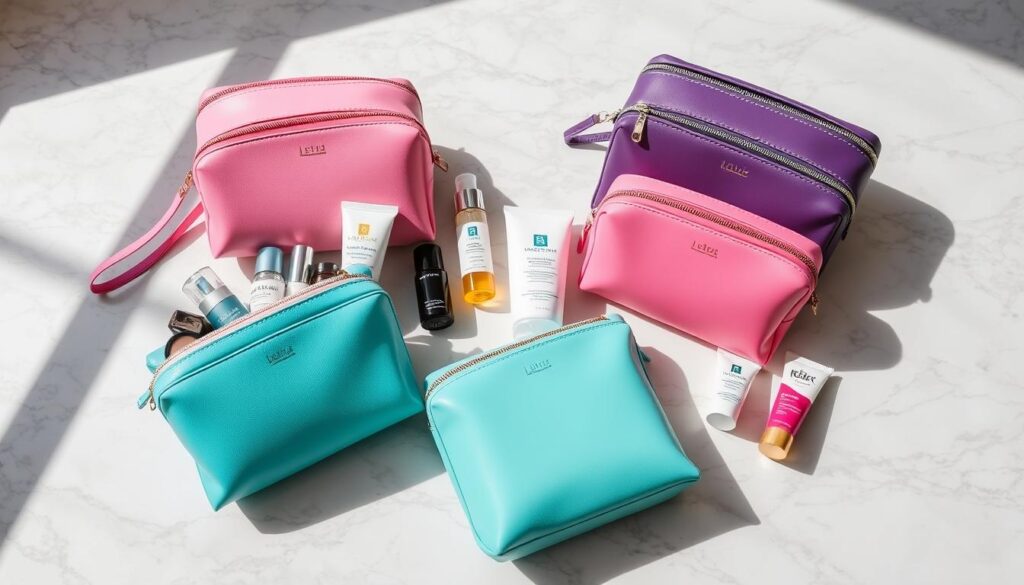 Travel makeup bags with luxury beauty items