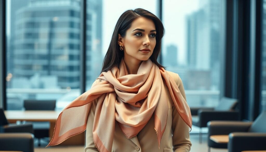 Elegant scarf draping for office wear