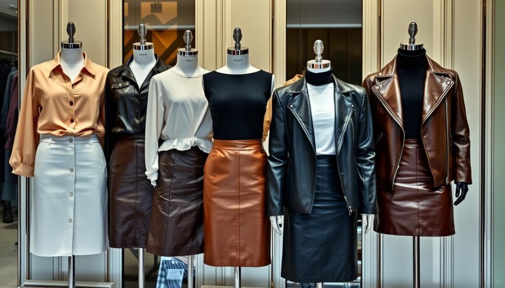 Leather skirt outfits with different tops