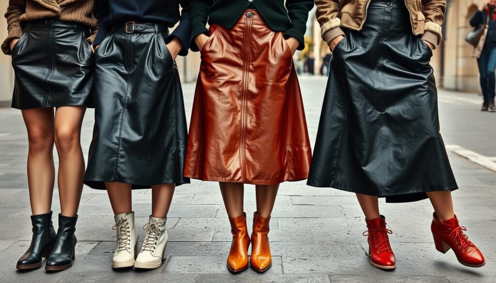 Leather skirt styles with different footwear options