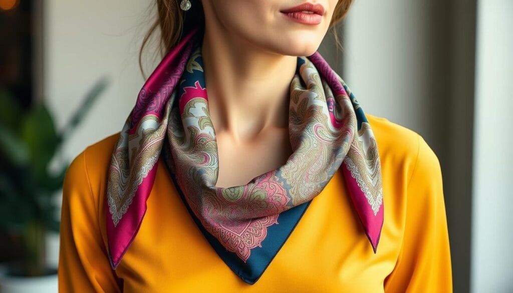 Silk scarf styling with different necklines