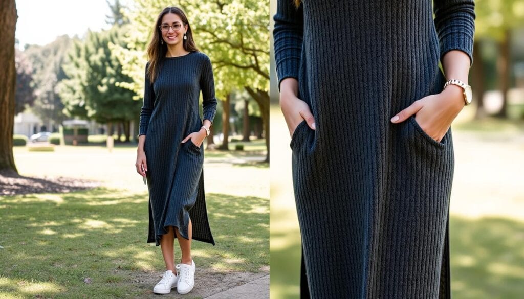 casual knit midi dress with white sneakers