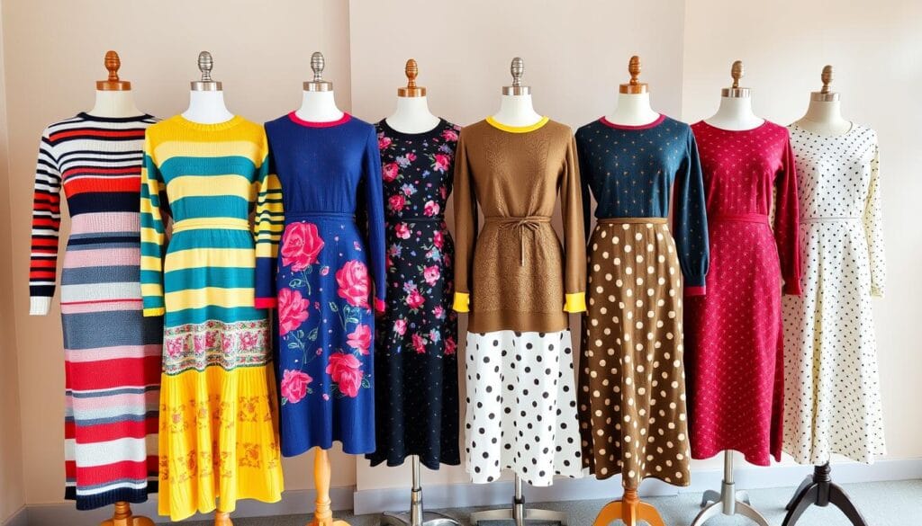 knitted dresses in various colors and patterns