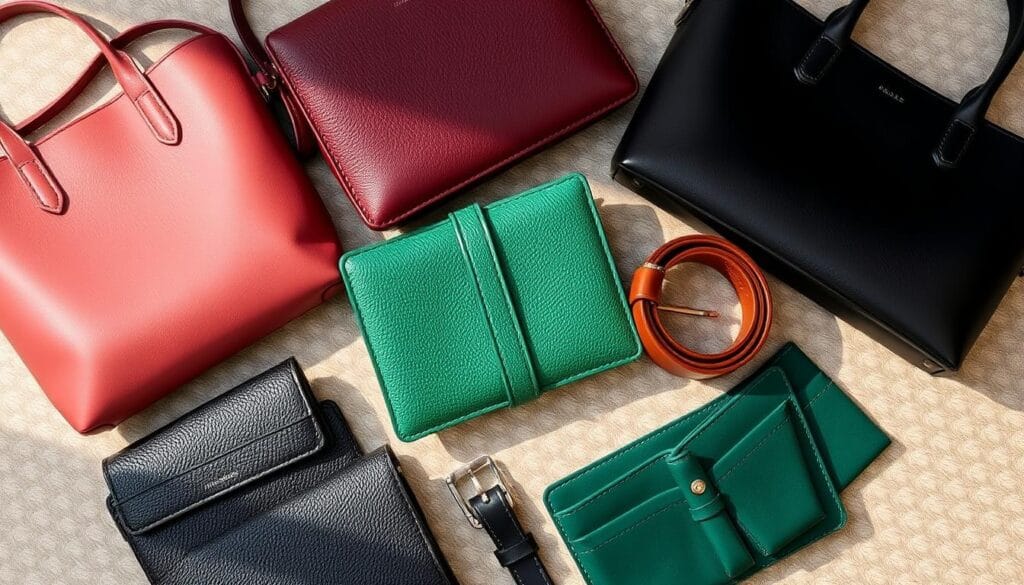 leather accessories in various colors and textures