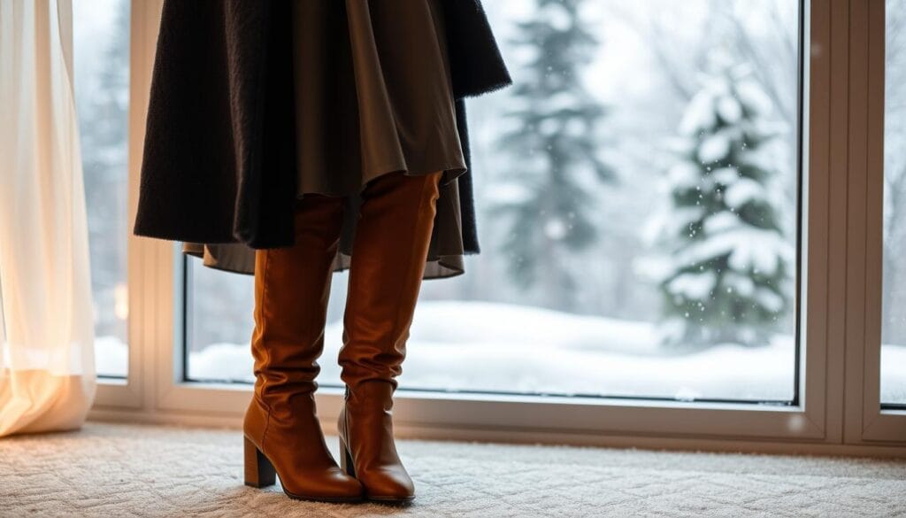 styling knee-high boots with midi skirts for winter