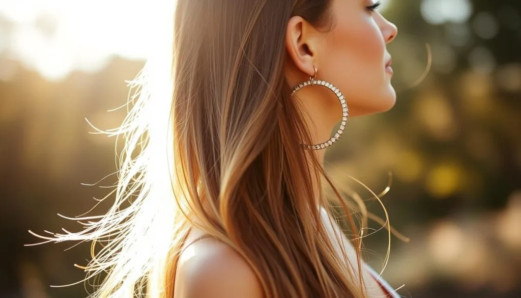 woman with long hair wearing large hoop earrings